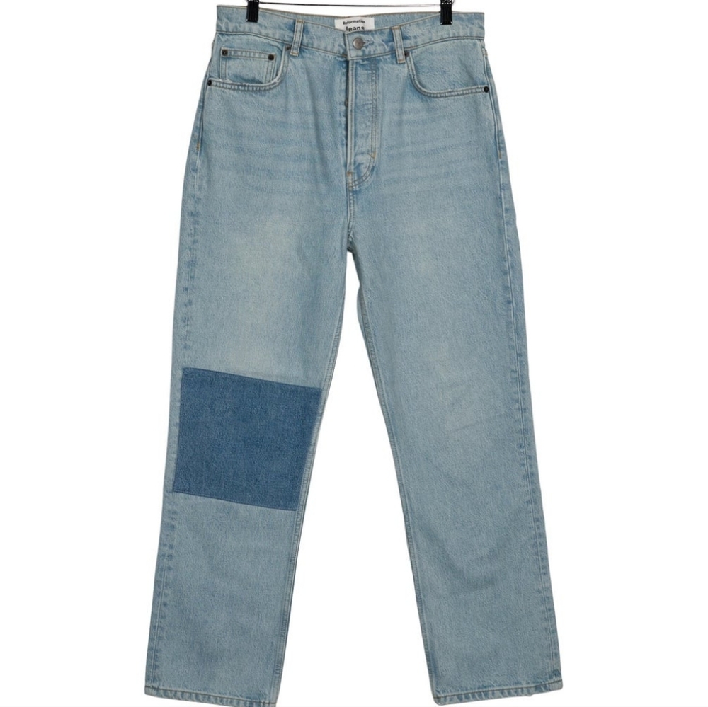 Reformation Cynthia Patch High Rise Straight Jeans Tahoe Light Wash Size 24